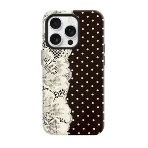 Vintage Lace & Brown Polka Dots Shockproof Phone Case Elegant Retro Style Cover for iPhone 11-17 Pro Max  Anti-Slip Anti-Yellowing 2-in-1 Hard PC