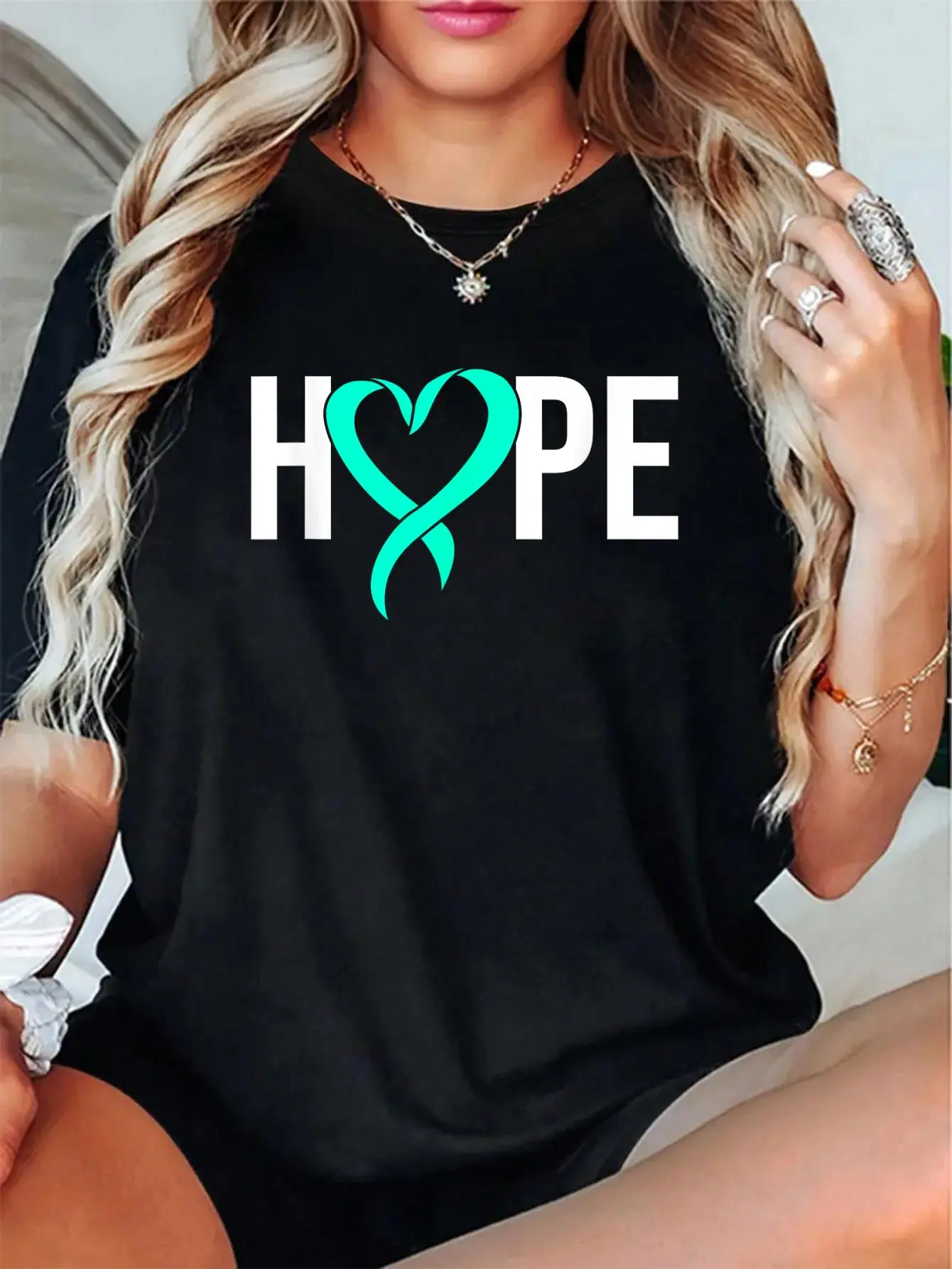 Women's Casual PCOS Awareness Print T-Shirt, 100% Cotton Relaxed Fit Top with Short Sleeves and Crew Neck Collar, Breathable, Cute, Fabric, Tshirt, Everyday, Round Neck, Soft, Tee, Style, Vibe, Digital Print, Printed