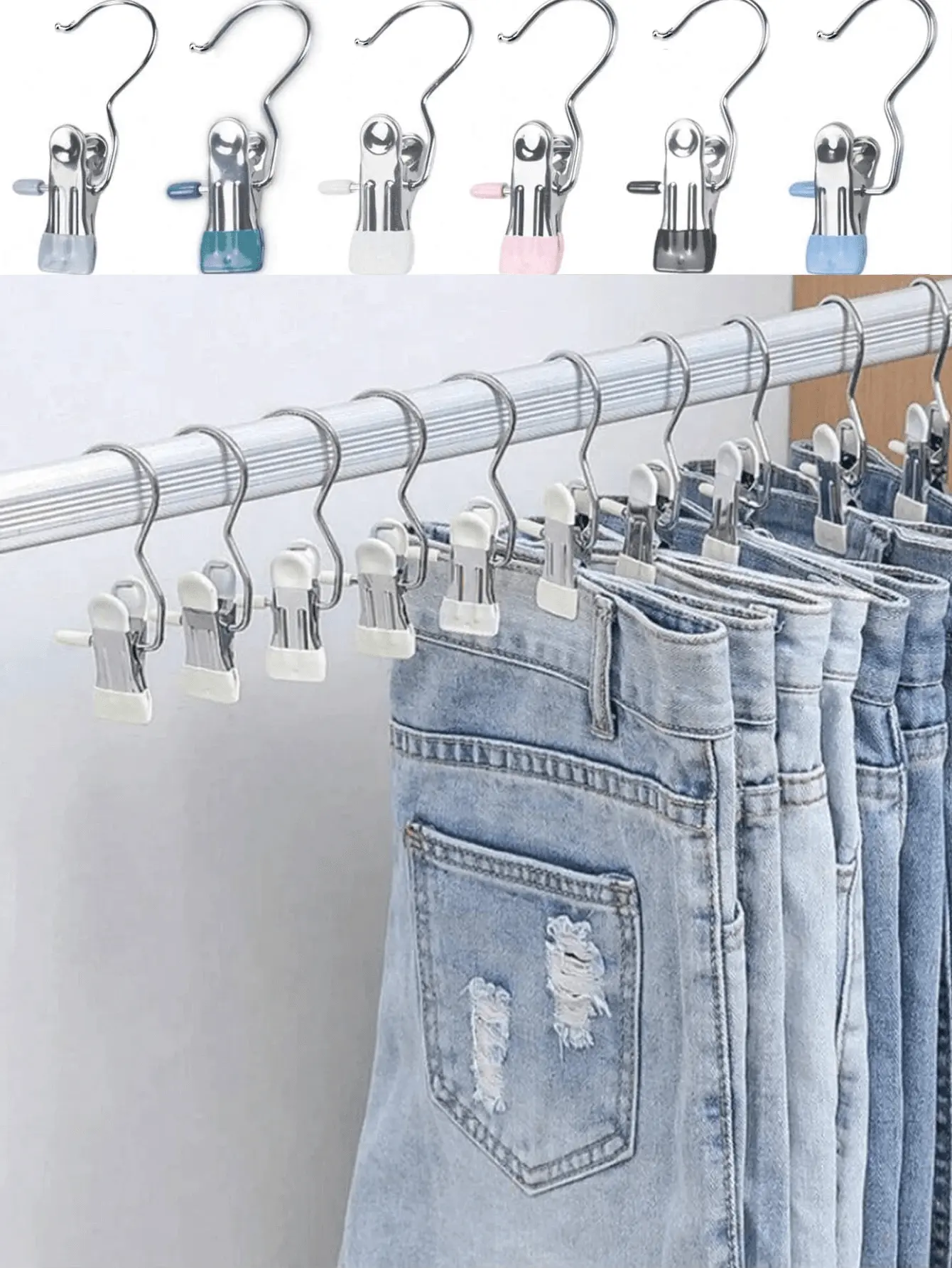 10pcs Stainless Steel Clothes Clips With Hooks, Space Saving Pants Hangers For Closet Organizer, Non-Slip Boot Hangers, Portable Laundry Hanging Clips For Jeans, Hats, Socks, Dorm & Travel Essentials
