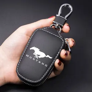 D-Type Leather Keychain Zipper Pouch Car Key Holder with Metal Hook, Suitable for Ford Mustang Gt Shelby Car Accessories, Stylish and Practical Key Organizer