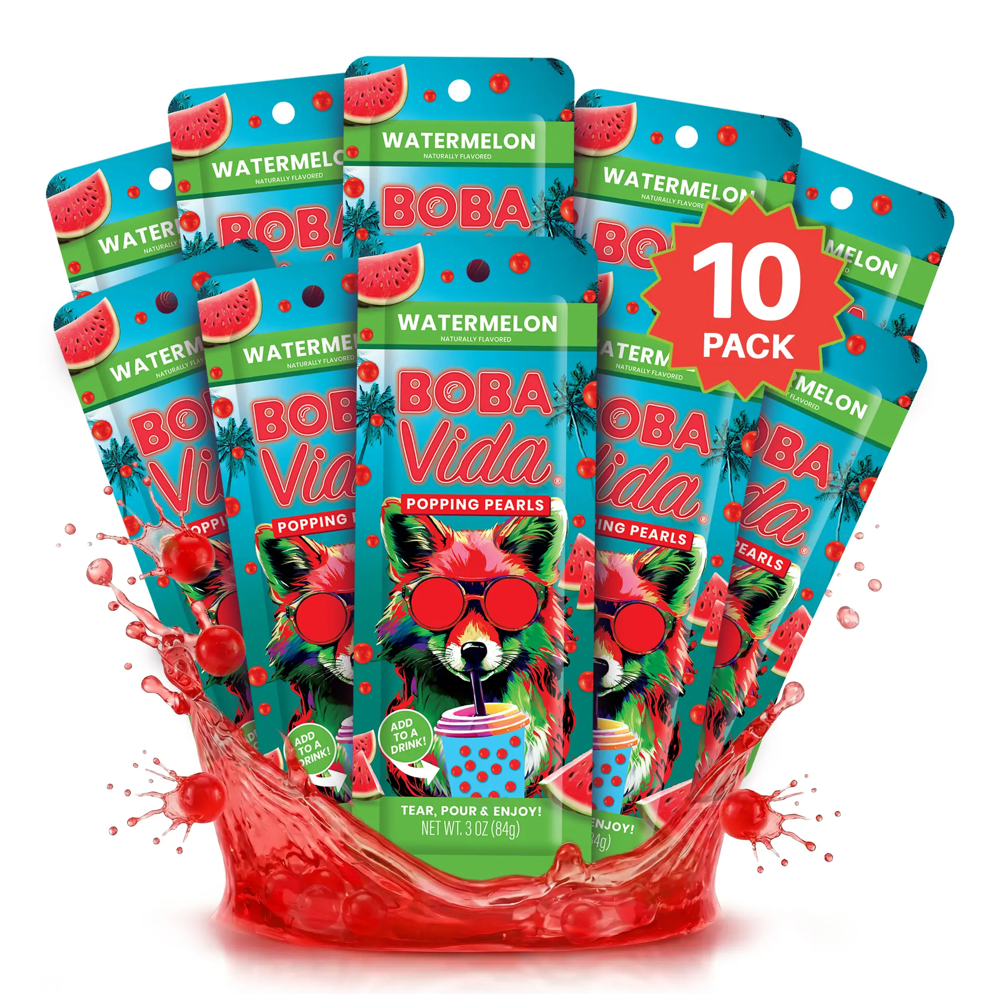 Watermelon Popping Boba (10 pouches) | Bursting Fruit Juice Pearls & Strawberry Boba Beverage Topping | Bubble Tea Tapioca Pearls Alternative | Gluten-Free | Includes Straws