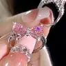 Cute Bow Rings for Women Pink Synthetic Zirconia Fashionable Jewelry Korean Style, Perfect Gift for Birthdays & Anniversaries for Her Bow Decor Ring, Anniversary Engagement Ring, Beautiful Rings