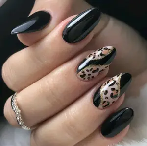 Long Almond Leopard Design Black and Nude Press On Nails 24CT nail
