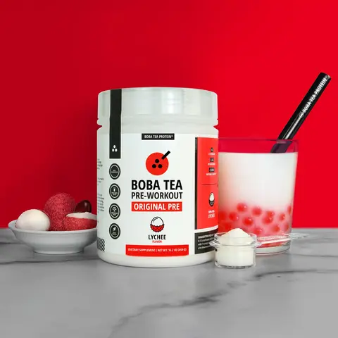 Boba Tea Protein Pre-Workout Powder Mix - Real Lychee Flavor, Natural Ingredients, Himalayan Pink Salt Fitness & Workout Supplement for Adults, Boosted Energy, Fitness Supplement