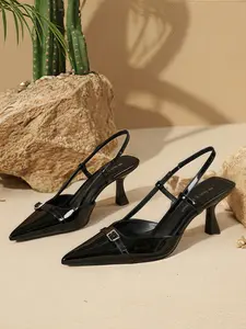 Women's Elegant Fashion Buckle Decorated Pointed Toe Low Heel Single Strap Shoes, Patent Leather Slip-On Flats for All Seasons Footwear