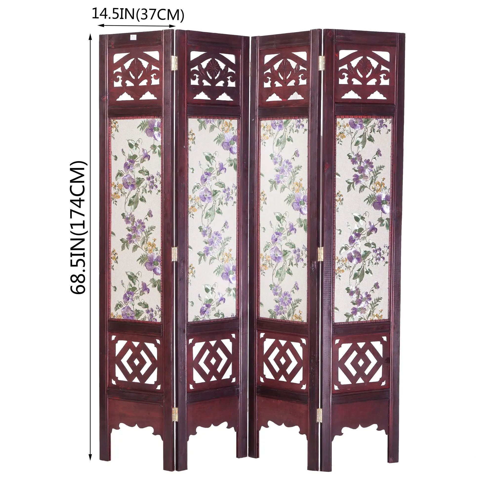 Thy Home 4-Panel Vintage Oriental Wood Frame Room Divider, Indoor Furniture with Purple Flowers, Four-Panel