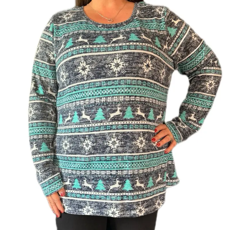 Evergreen Lodge Cozy Knit Top - Festive Snowflake & Reindeer Pattern Long Sleeve Sweater for Women