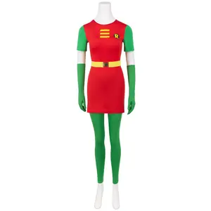Women Robin Inspired Superhero Cosplay Costume Set Halloween Party Outfit Cape Jumpsuit Suit