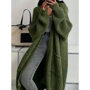 2026 Elegant Long Over Knee Sweater Cardigan For Women, Fall Winter New Casual Loose Thick Knit Coat, Trendy Fashion Outerwear, Knitted Cardigan Tops