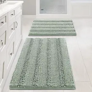 Bathroom Rug Set 2 Piece, Non-Slip Bath Mat, High Absorbent, Soft Plush Striped Chenille, Fast Drying, Quick Drying Mat