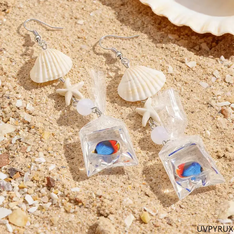 Beachy Dangling Earrings for Women, Whimsical Statement Jewelry with Nautical Shell & Fish Charms, Plastic/Metal with Ear Hook Design for Beachwear, Nautical Charm, Female, Metal Coating