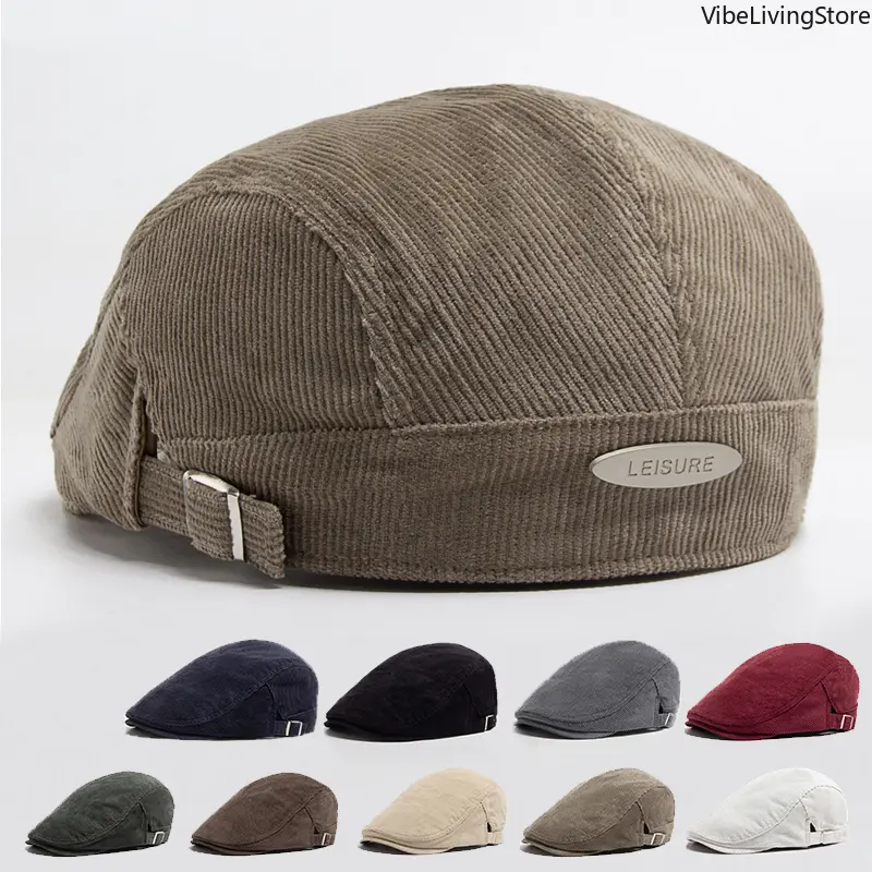 Unisex Vintage Corduroy Newsboy Cap - Basic Daily Gray Casual Bag Straps & Chains Accessory, Reversible Thick Warm Flat Hat for Spring & Autumn, Coffee, Grey