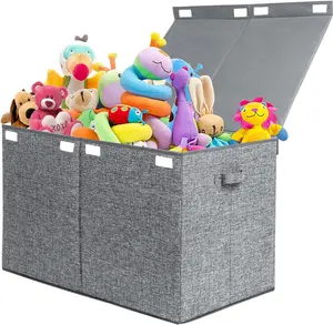 122L Large Toy Box Chest with Lid, Foldable Toy Storage Organizer Bin Boxes with Removable Divider for Kids, Boys, Girls, Nursery, Playroom, 26"x17" x17"(Linen Gray)