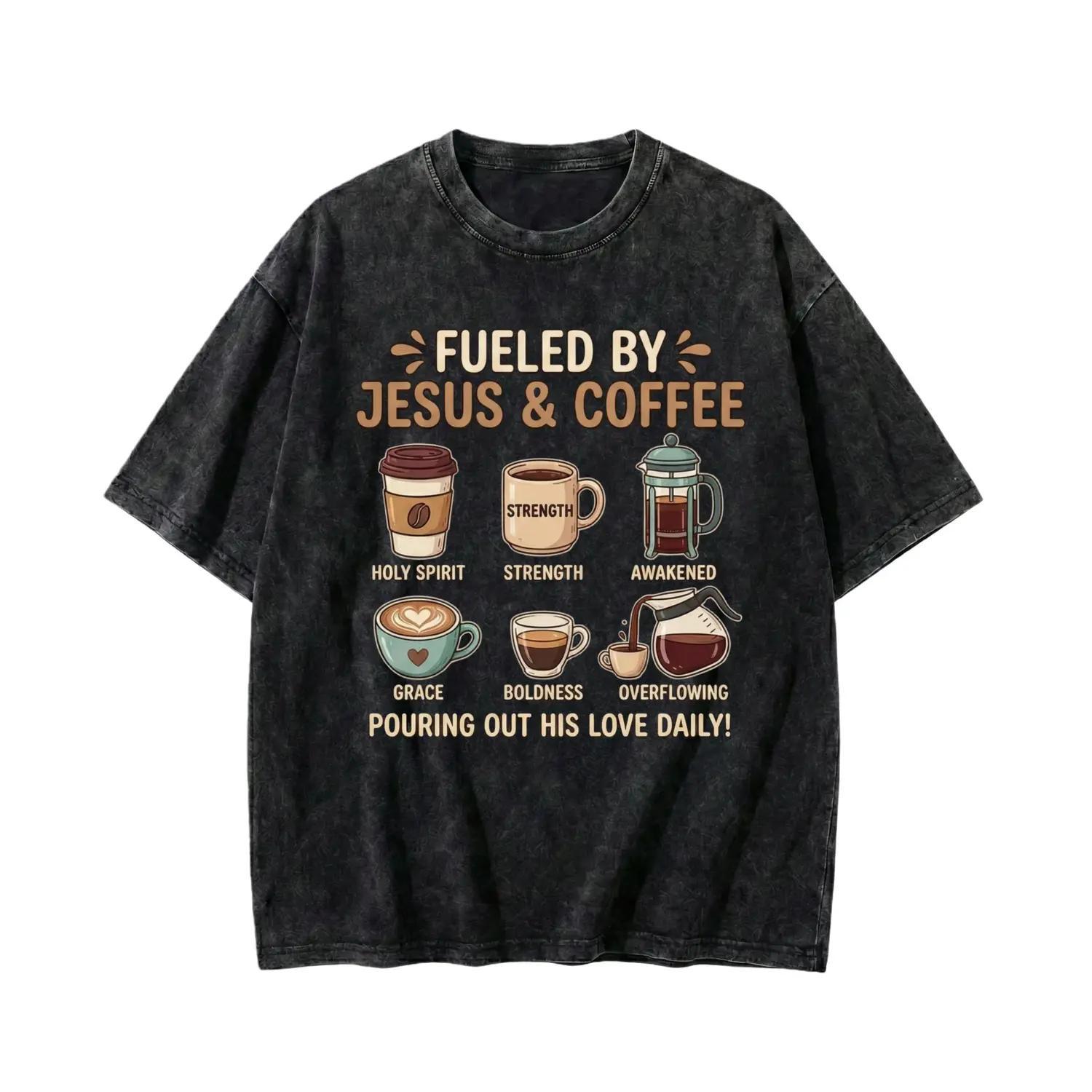 Inspiring Christian Faith Graphic Tee Featuring Jesus and Coffee for Men and Women Vintage Short Sleeve Casual Cotton Religious Spiritwear