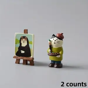 Resin Artist Cat Figurines with Miniature Painting Easel, Whimsical Animal Sculptures, Decorative Indoor & Outdoor Decor, Unique Collectible Items