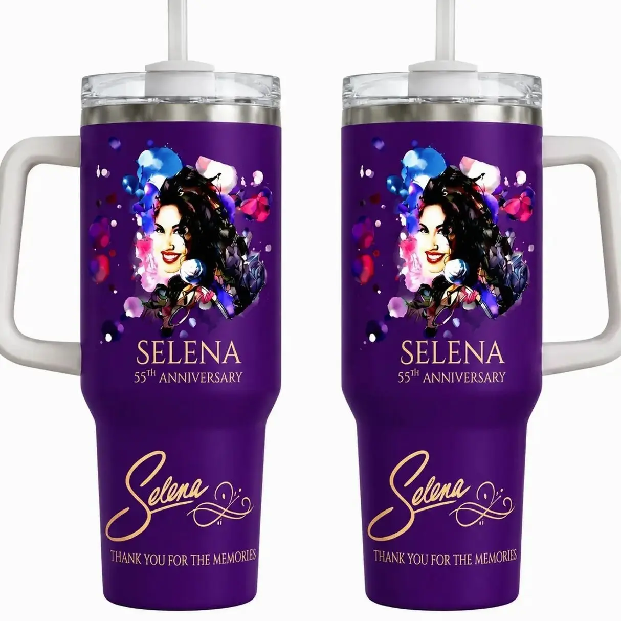 Selena Quintanilla 55th Anniversary Tumbler 30oz 40oz With Handle, Purple Tejano Music Fan Cup With Colorful Tribute Artwork, Latina Singer Travel Drinkware Gift, Not Including The Straw Water Bottles Bottles