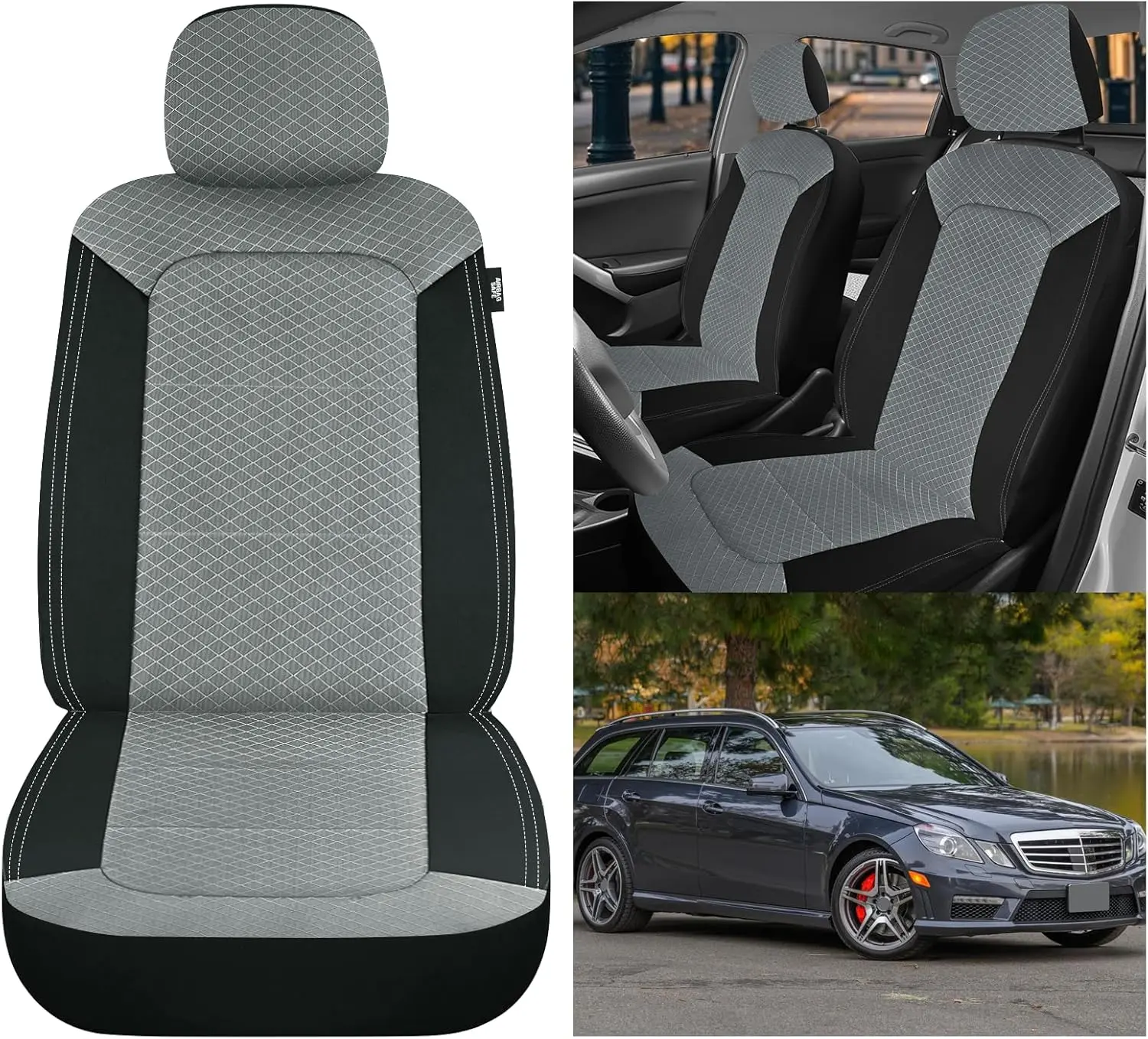 Nilight 2PCS Black Grey Mesh Fabric Car Front Seat Protectors - Airbag-Compatible, Removable Headrest, Airflow-Boosting, Easy-Install Vehicle Accessories, Universal Fit for Cars, Trucks, Car Seat Protectors