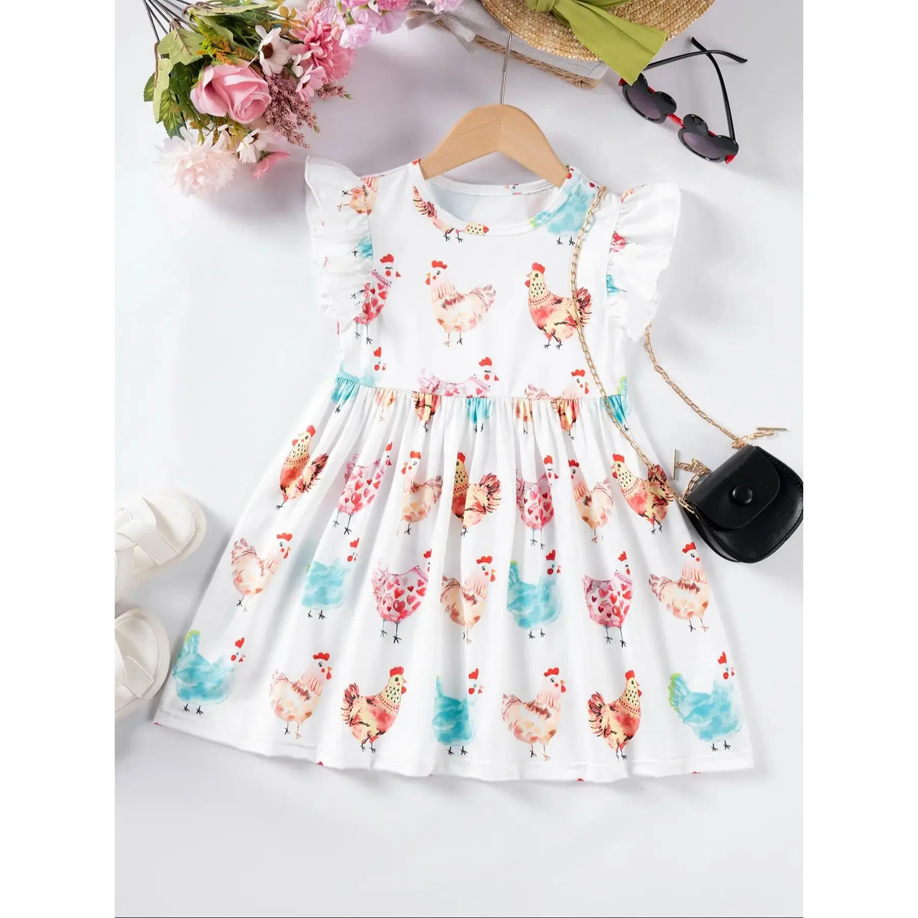Girls Casual Frilled Dress Animal Print Colorful Ruffle Round Neck Short Sleeve Knee Length Dress Summer Cute Fashion Valentine Gift