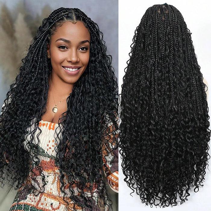 13x6 Boho Curls Braided Wigs Human Hair Pull Go Drawstring Cap HD Full Lace Frontal Wig Knotless Pre Cut Lace