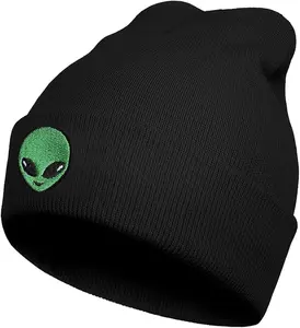 Embroidered Black Alien Beanie, Beanie Embroidered Gift, Funny Knit, Winter Christmas Gift