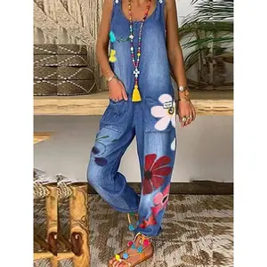 Women’s floral print denim jumpsuit — a fashionable, casual, loose-fit design with pockets for everyday wear; ladies’ clothing suitable for spring and fall; strappy, stylish jumpsuit