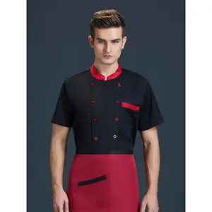 Men's Short-Sleeve Double-Breasted Chef Jacket - Breathable 100% Polyester, Black with Red Accents, Pockets & Buttons, Perfect for Kitchen and Restaurant Use
