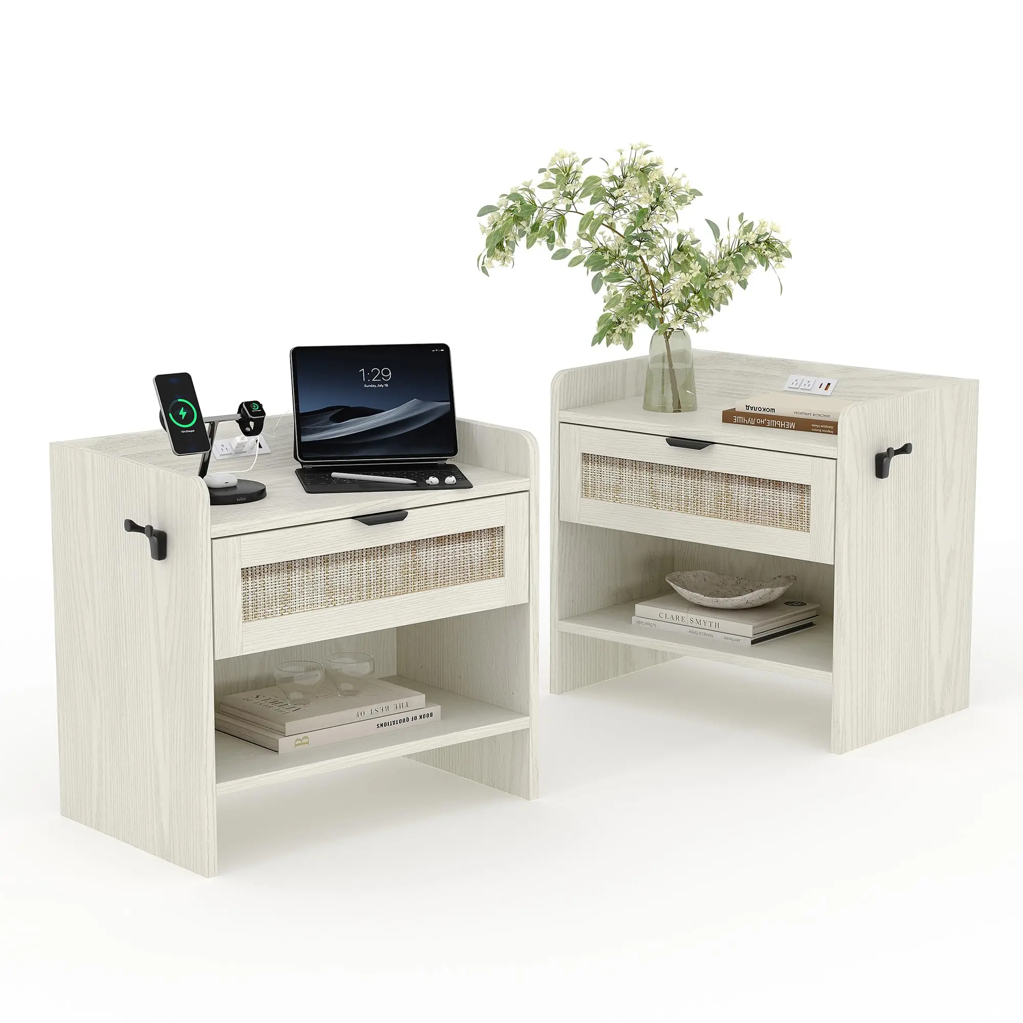 2-Pack Eclectic Woven Rattan Engineered Wood Nightstands - 23.6" D x 15.35" W x 22" H Stackable Side Tables, 1 Deep Easy-Glide Rattan Drawer, USB Ports, 2 AC Outlets, Open Display Shelf, Space-Saving Indoor Furniture for Bedroom, Living Room