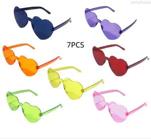 7PCS Candy Color Heart Sunglasses, Rimless Transparent Love Heart Glasses, Multicolor Jelly Party Eyewear Set for Photo Props & Holiday Events