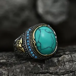GTHIC Vintage Pattern Turquoise Stainless Steel Ring for Men & Women Fashion Accessories Daily Wear Jewelry