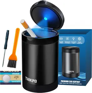 Ashtray with Lid and Replacement Battery, Smellproof & Smokeproof Ashtray for Car Cup Holder, Detachable Aluminum Alloy Smokeless Ash Tray with Automatic LED Light for Car Home Office Outside