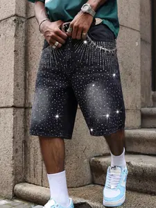 Men's Gradient Rhinestone Denim Shorts, Loose-Fit Street Style, Above Knee, Gothic High Street, Perfect for Parties and Nightclubs, Streetwear