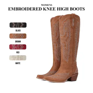 CYNLLIO Womens Embroidered Cowboy Knee High Boots Snip Toe Chunky Block Heel Pull On Side Zipper Comfy Fashionable Party Outing Holiday Concert Dress Spring Summer Western Cowgirl Boot