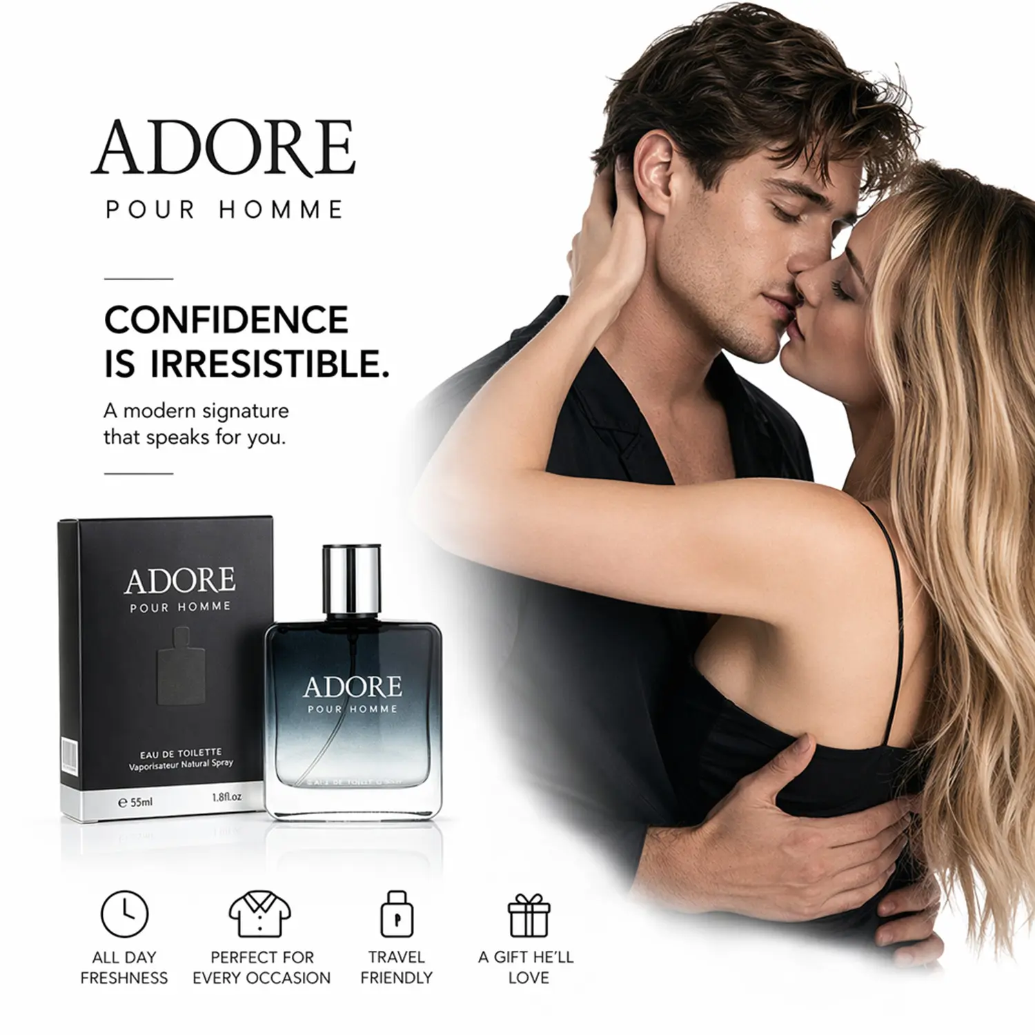 Men's Pheromone Perfume, Pheromone-Infused Formula, Long-Lasting Floral Fruity Woody Scent, Designed for Him, Make Her Irresistible, Share a Wild & Wonderful Night with Her, Perfect Valentine's Day, Christmas & Holiday Gift，55ml