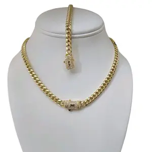 Unisex 2-Pieces Monaco Vacuum-Gold Plated 14 Karat Hypoallergenic Link Chain Set - Cuban Links Necklaces & 5A+ Canada Zircon CZ Bracelet, Mexico & Micro Chains Design Buckle, Adjustable Length, Daily Wear Fashion Accessory, Valentine's Gift,summervibes