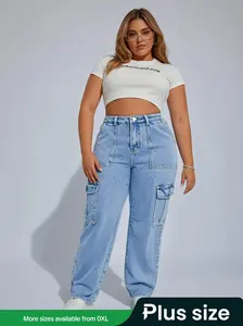 【Plus Size】 Flap Pocket Cargo Stretchy Oversized Jeans, Casual Comfy Denim Pants for Daily Wear, Women's Bottoms for All Seasons