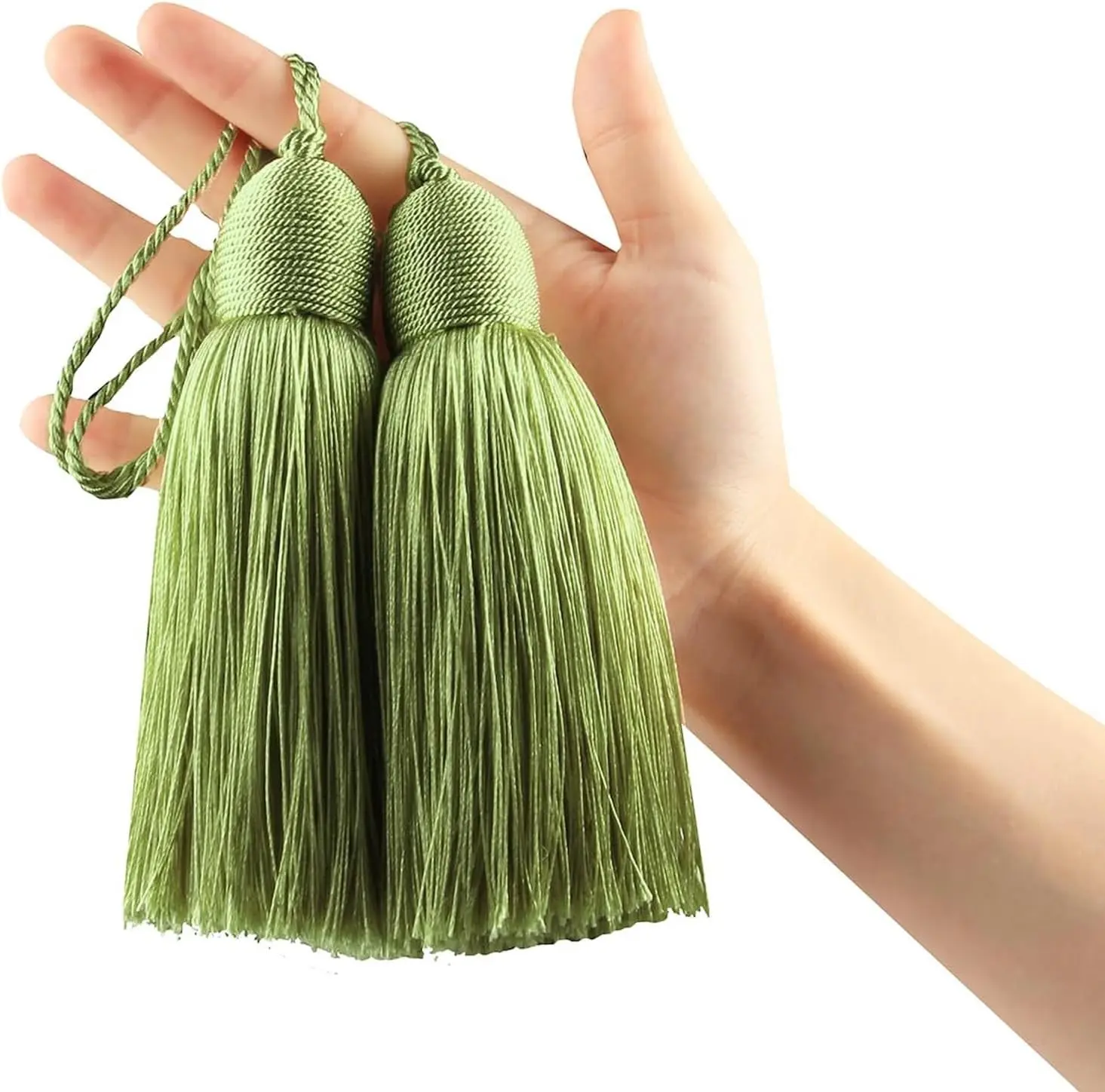 2Pcs Key Tassel with Loop DIY Handmade Craft Accessories,Green Tassels for Crafts,Elegant Door Tassel,Large Decorative Tassels,Door Tassels for Knobs,Curtain and Home Decoration,Green