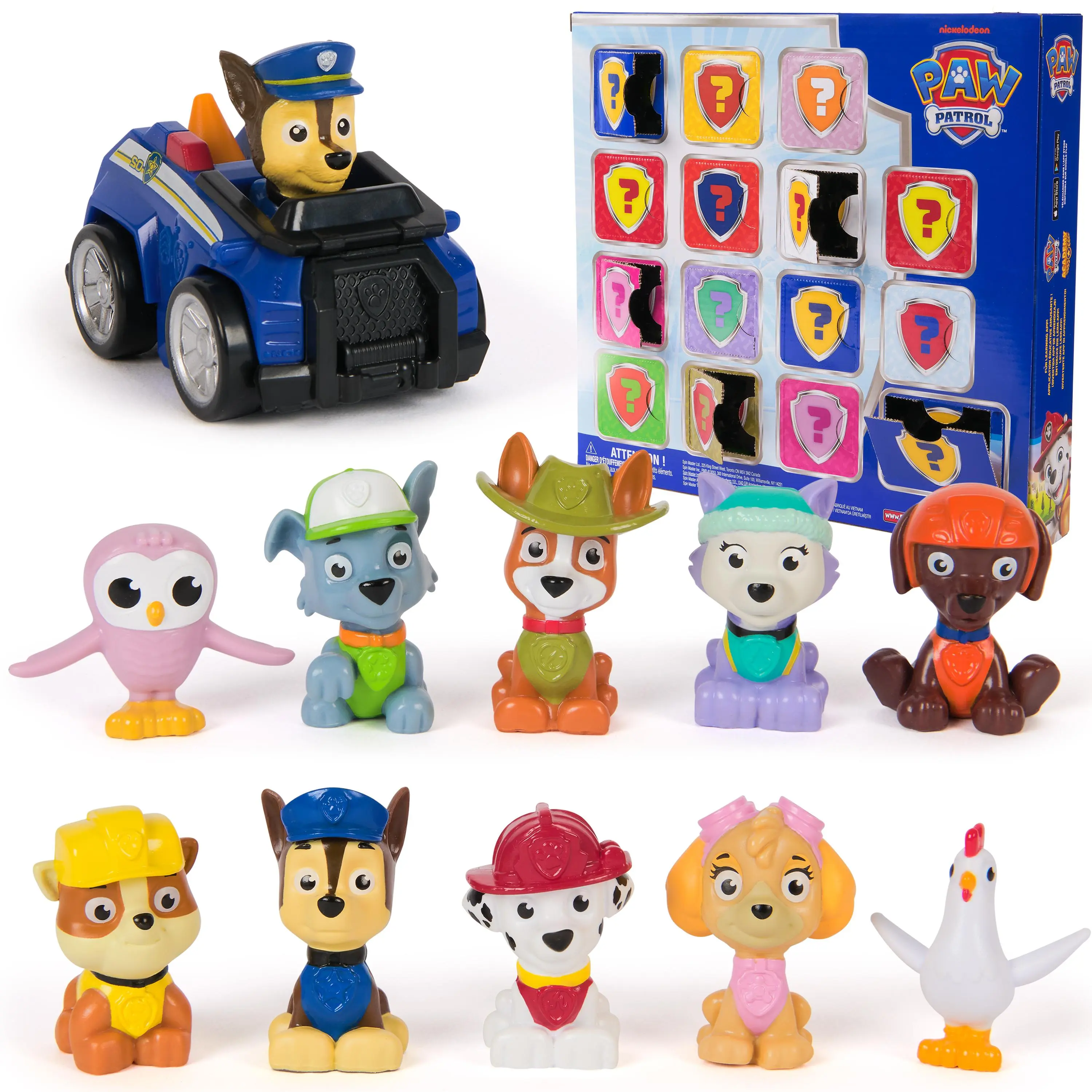 PAW Patrol Rewards Box Gift Pack - 8 2-Inch Plastic Collectible Mini Figures, 2 Animal Figures, 4 Sticker Sheets, 1 Pup Squad Racer, Pretend Play Learning Toy for Kids Ages 3+, Stickers, Collectibles