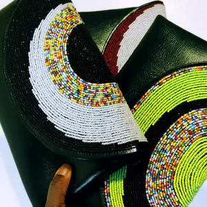 Beaded Clutches Hand Bag Femmal Black Multicolor Bead Handcrafted Boho Chic Design Compact  Perfect for Casual Occasions .