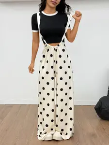 Women's Loose Wide-Leg Adjustable Strap Overall Pants, Elastic Polka Dot Long Trousers, Casual Outdoor Streetwear for Daily Wear, Womenswear