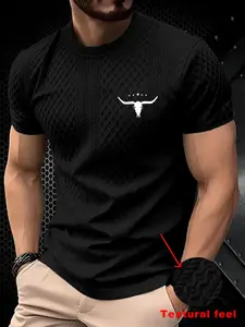 Men's Casual Textured Round Neck T-Shirt, Breathable Cow Head Pattern, Fashion Comfort Multi-Color Options, Daily Wear Essential, Streetwear