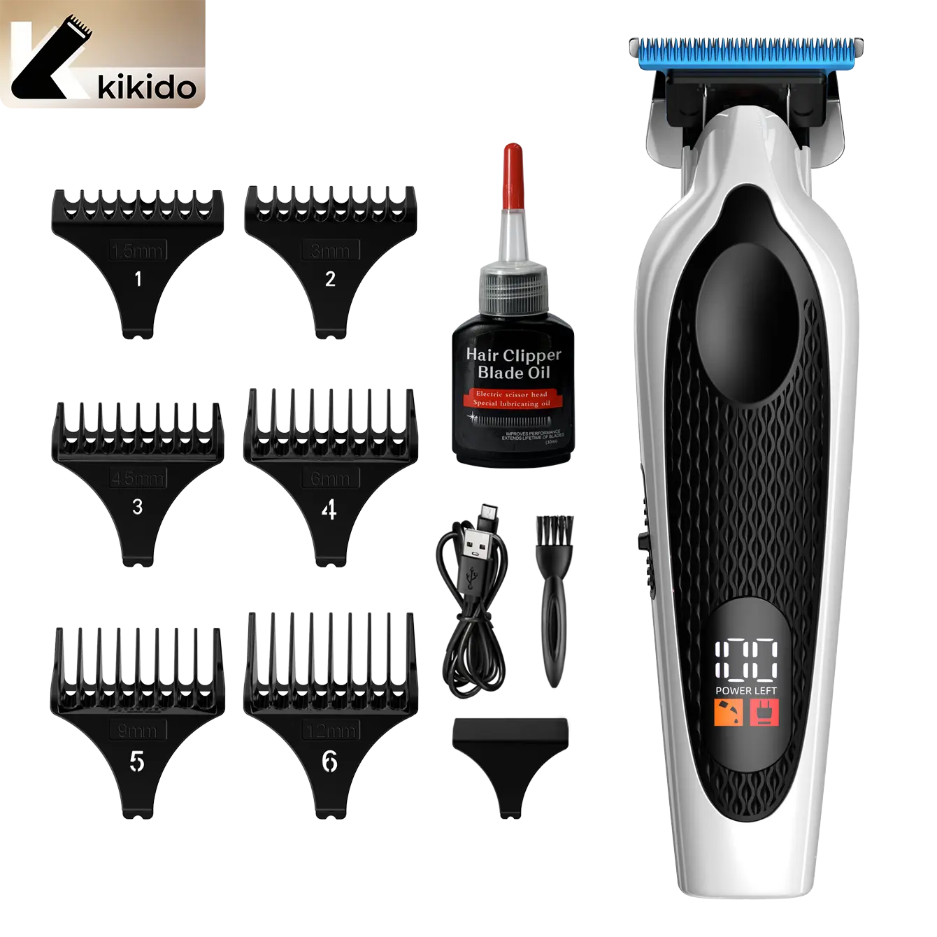 KIKIDO Electric Hair Cutting Clipper - Cordless Rechargeable Hair Trimmer with LED Display, 6 Guide Combs, Complete Grooming Kit for Adults Kids Home Use