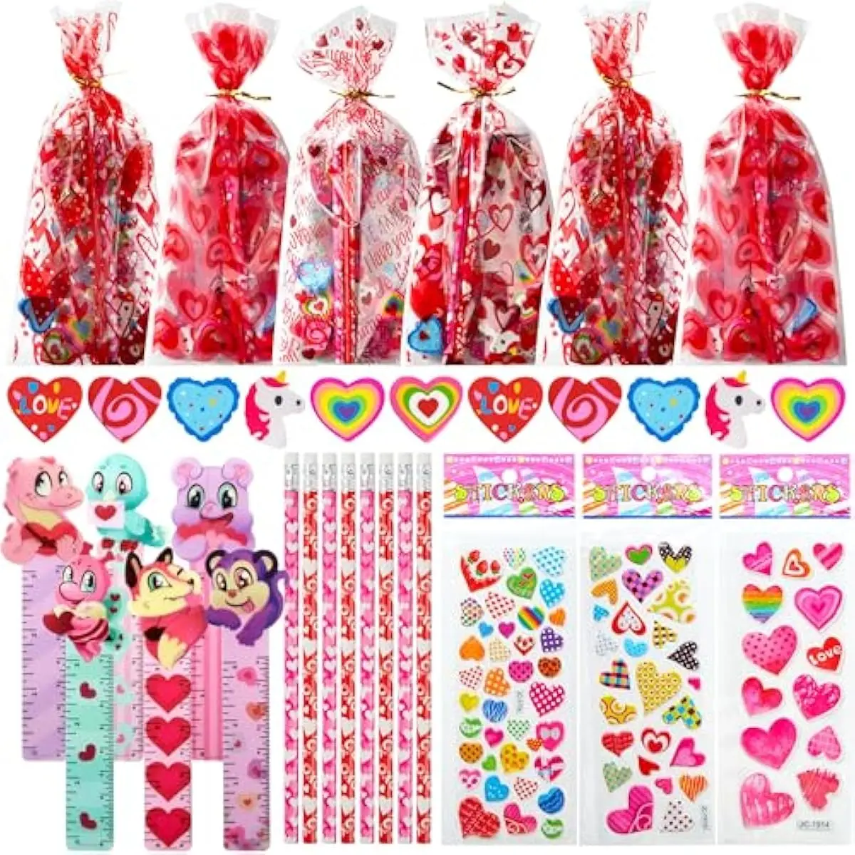 36 Packs Valentine Classroom Exchange Gift for Kids, Stationery Set Assorted, Party Favor Set with Pencils Sticker Eraser and Rulers, Holiday Reward Prizes