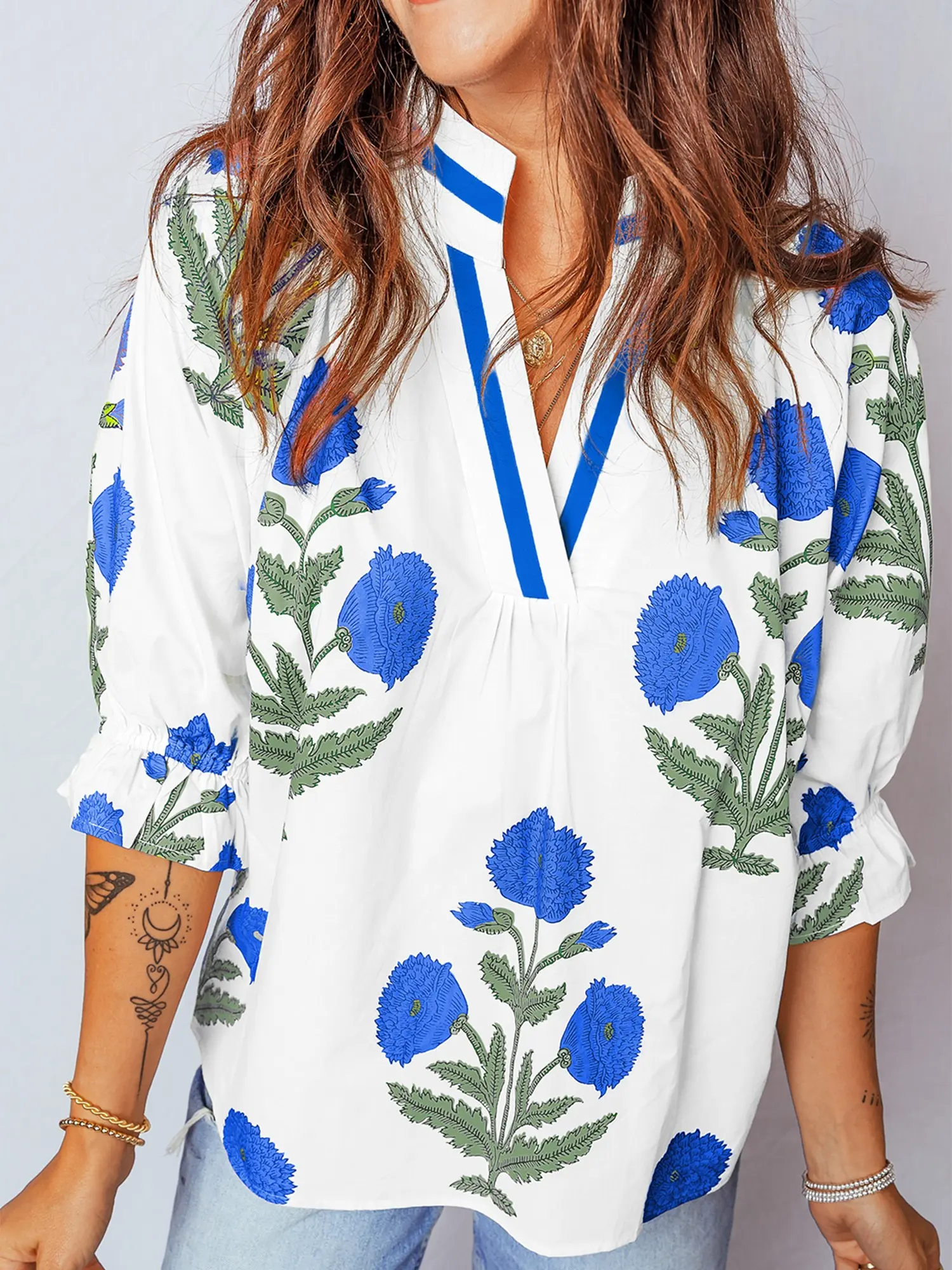 Women's Sky Blue Casual Wild Flower Print V Neck 3/4 Sleeve Blouse with Charming Floral Design and Elegant V Neck for Versatile Wear - Shirts, Top