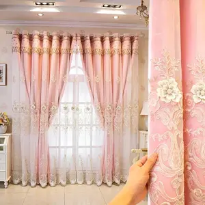 Luxury Floral Blackout Light Control Curtain, Double Layer Ceiling Drapes, Elegant Room Window Treatment, Privacy Curtains, with Valance for Living Room Bedroom Luxury Embroidered Curtains