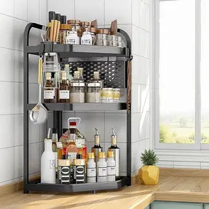 Corner Spice Rack Organizer - Stainless Steel & ABS Kitchen Shelf with Knife Holder, Hooks, and Anti-Rust Design for Countertop Storage, for Kitchen, Office