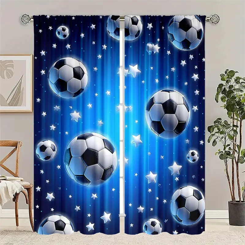 2 pieces of high-definition digital starry sky football printed curtains, semi-transparent to protect privacy, fade-resistant, machine-washable and hand-washable, suitable for home decoration, Home decorative curtain