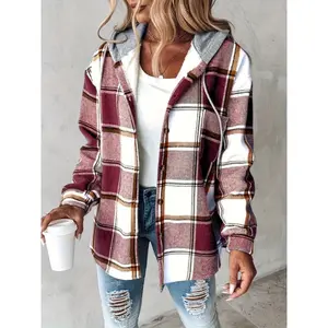 [Plaid Shacket] Warm Plaid Long Sleeve Shacket - Button Fleece Lined Hooded Jackets Coat Fabric Womenswear Polyester Tops..