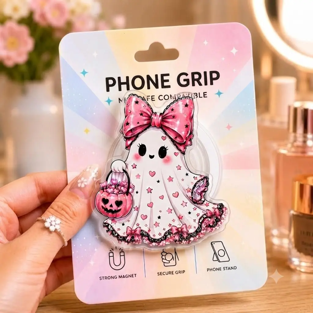 Pink Ghost Pumpkin Phone Grip, Halloween Lace Ghost Coquette Phone Grip, Cute Ghost Phone Grip, Spooky Halloween Phone Grip, Cute Seasonal Accessories