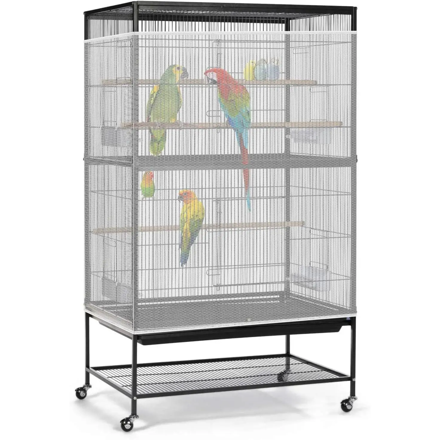 Bird Cage Seed Catcher, 90-118'' Universal Birdcage Net Nylon 31.8'' H Adjustable Elastic Band Stretchy Skirts Mesh Cover for Parrot Cage Seed Guard (Not Include Birdcage)- White