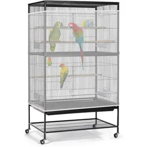 Bird Cage Seed Catcher, 90-118'' Universal Birdcage Net Nylon 31.8'' H Adjustable Elastic Band Stretchy Skirts Mesh Cover for Parrot Cage Seed Guard (Not Include Birdcage)- White